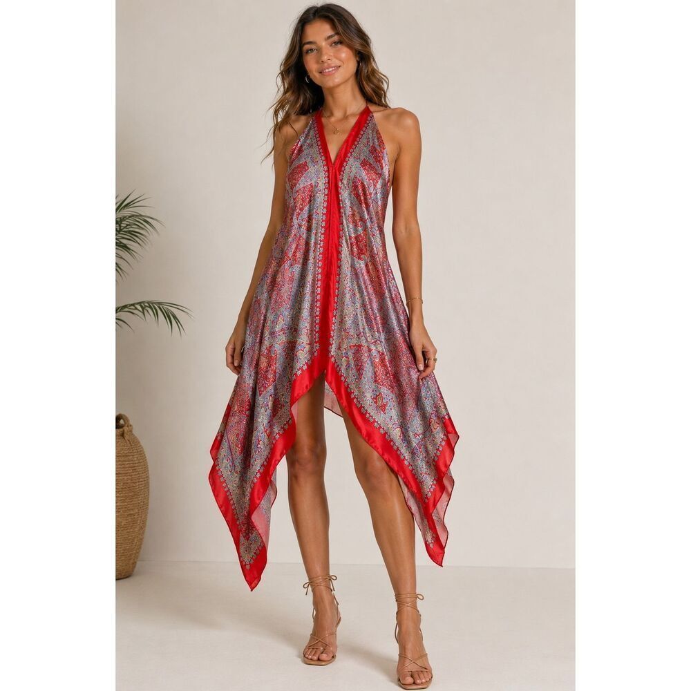 Speed Control New York Red Paisley Halter Handkerchief Dress One Size